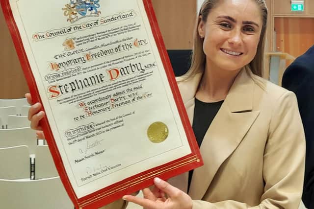 England footballer Steph Houghton (surname pronounced as in Houghton-le-Spring) has been awarded the freedom of the City of Sunderland.
