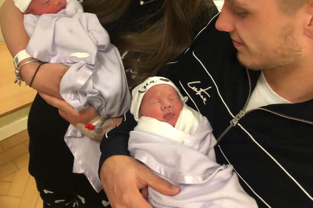 New parents Leah Purdy and Lewis Fairley with the newborn twins.