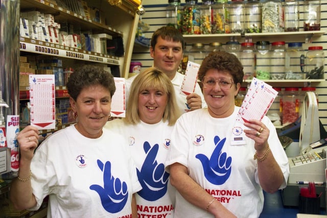 Forbuoys staff, from left, Dorothy Watson, Maureen Fromme, Kevin Fromme and Carol Parker pictured as National Lottery tickets went on sale for the first time. Were you a winner on that very first game in 1994?