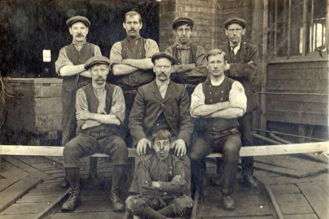 Real men at 'F' pit c. 1912. Picture courtesy of Stephen Black, whose great-grandfather, Thomas Kirtley, is the gentleman in the centre. Can you identify anyone else?