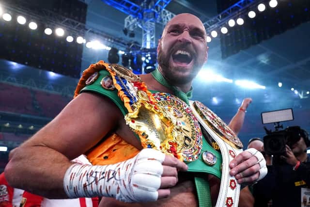 2J5HMD5 Tyson Fury following victory over Dillian Whyte at Wembley Stadium, London. Picture date: Saturday April 23, 2022.