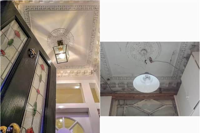 Before the renovation, the original ceiling in the entrance hall had cracks and missing elements/Photo: @vistorianhouse1896