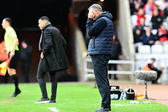Sunderland boss Tony Mowbray watches on at the Stadium of Light