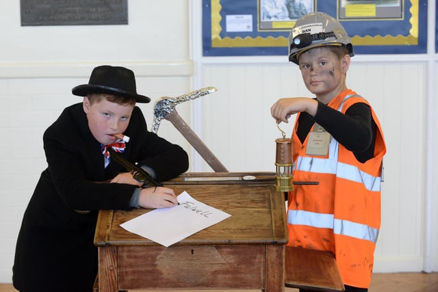 Fulwell Junior School students Alfie Wallace-Duncan was portraying Winston Churchill and Dan Wright was a miner for the school's 110th anniversary celebrations in 2019.
