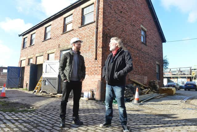 Hairy Biker Si King is to be the latest tenant at the Sheepfold Stables with Building Design North's Darren Breslin (left)
