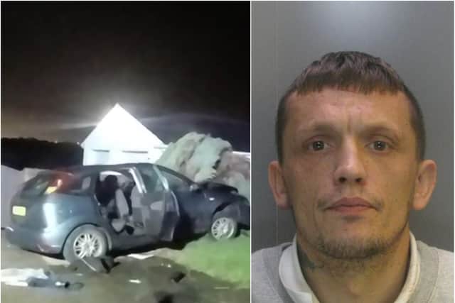 Adam Richardson, right, has been jailed for a series of motoring offences and perverting the cause of justice after the stolen car he was driving, left, collided with a tree in East Durham.