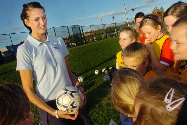 Jill on a visit to Houghton Kepier School in 2011. What a year 2022 has been for the football star, after a win at the Euros before jungle life began.
