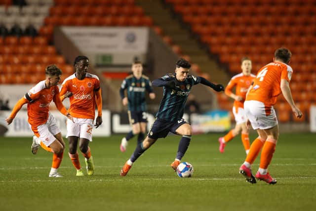 Sam Greenwood of Leeds United U21's on the ball during the EFL Trophy match between Blackpool and Leeds United U21 at Bloomfield Road.