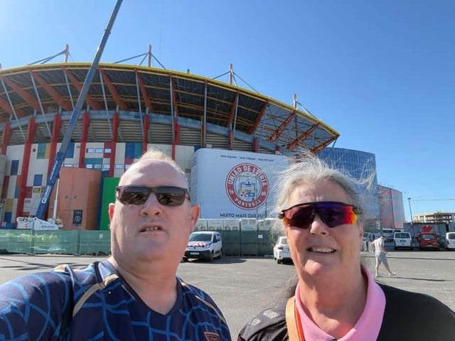 At the stadium ready for the match.