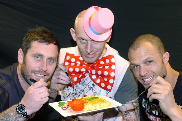 Cage fighters, left to right; Dale Percival, Colin The Freak Show Fletcher and Steven France were taking part in a charity curry eating competition in 2012.