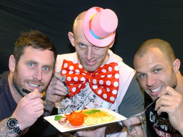 Cage fighters, left to right; Dale Percival, Colin The Freak Show Fletcher and Steven France were taking part in a charity curry eating competition in 2012.