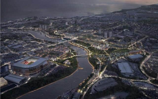 An aerial view of how the city centre and north side of the River Wear could look if the bridges are built.