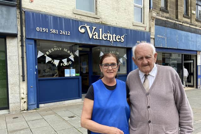 Susan Dugan with her dad Billy Matthews outside of Valentes Cafe Seaham Picture by FRANK REID