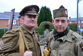 Army veteran Trevor Gray (left) in the uniform of the Durham Light Infantry 1914-1918 along with fellow army veteran Kevin Merritt in a USA Airborne uniform from 1942-1945 who are walking from Seaham to South Shields to raise funds for the charity Veterans at Ease . Picture by FRANK REID