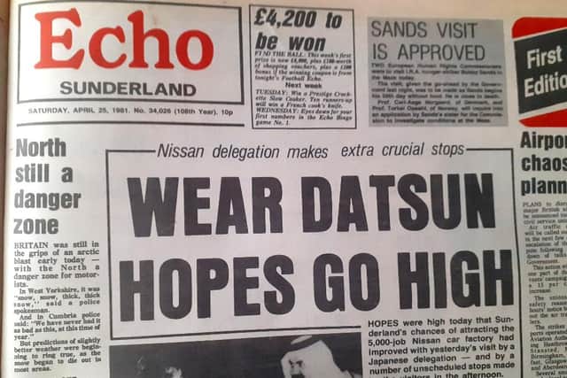 The Echo's front page of Saturday, April 25, 1981; the day after the first Nissan visit. JPI image.