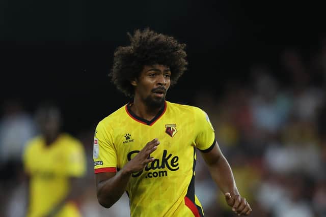 WATFORD, ENGLAND - AUGUST 12: Hamza Choudhury of Watford in action during the Sky Bet Championship between Watford and Burnley at Vicarage Road on August 12, 2022 in Watford, England. (Photo by Richard Heathcote/Getty Images)