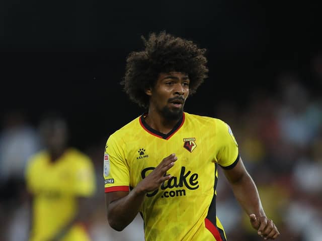 WATFORD, ENGLAND - AUGUST 12: Hamza Choudhury of Watford in action during the Sky Bet Championship between Watford and Burnley at Vicarage Road on August 12, 2022 in Watford, England. (Photo by Richard Heathcote/Getty Images)