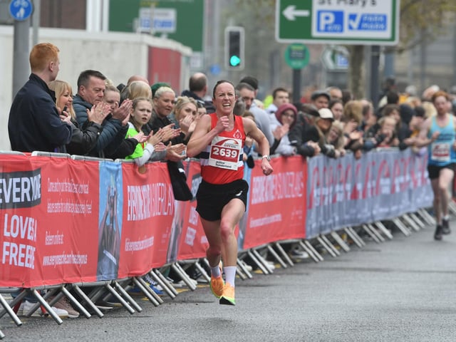 First women runner to cross the line Charlotte Penfold in the Sunderland City Runs 2023 10k race
