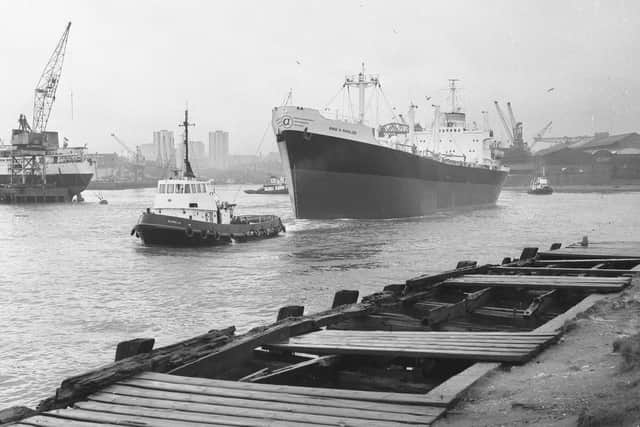 The Mimis N Papalios goes down the ways at the Wear shipyard of Bartram and Sons. Also pictured is the Dunelm tug in December 1967.