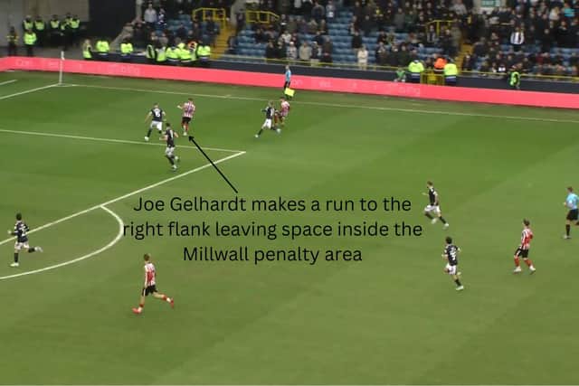Figure One: Joe Gelhardt makes a run to the right flank against Millwall before passing the ball to Trai Hume. (Wyscout)