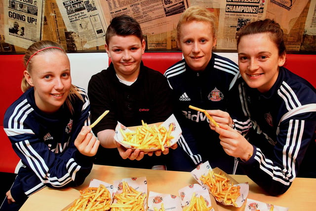 Footbalers Beth Mead, Rachel Furness and Rachael Laws joined 11 year old Myles Drinkald from the Foundation of Light, winner of the seasoned chips competition, during an event at the Stadium of Light in 2015.