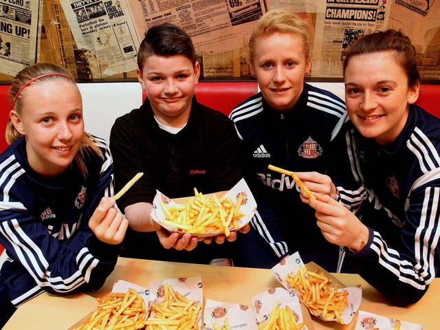 Footbalers Beth Mead, Rachel Furness and Rachael Laws joined 11 year old Myles Drinkald from the Foundation of Light, winner of the seasoned chips competition, during an event at the Stadium of Light in 2015.