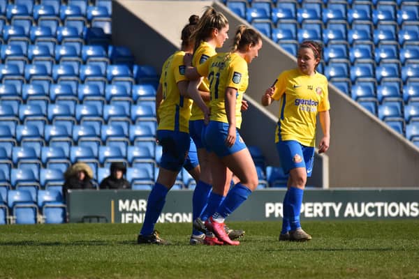Emily Scarr celebrates her first goal. Picture by Chris Fryatt.
