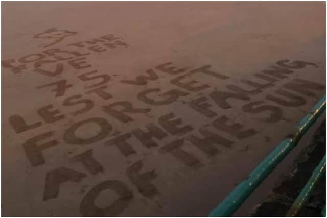The striking VE Day message left in the sand at Roker beach. Photo by Keiron Dixon.
