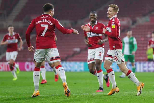 Middlesbrough's Duncan Watmore is congratulated.