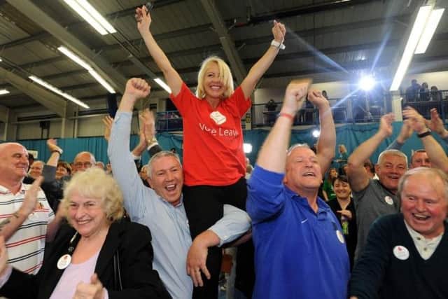 Leave voters celebrate at the Sunderland referendum count