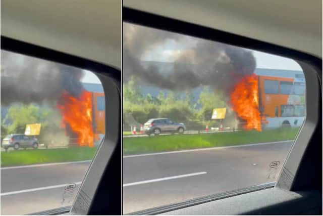 The rear of the bus on fire on the A1M in Washington. Pic and video credit: Ozay Yildirim