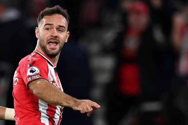 Southampton's English striker Adam Armstrong celebrates his goal during the English Premier League football match between Southampton and Aston Villa at St Mary's Stadium in Southampton, southern England on November 5, 2021. (Photo by GLYN KIRK/AFP via Getty Images)