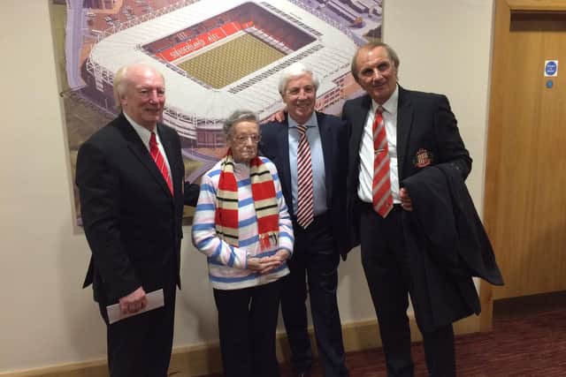 Eva with former Sunderland players Micky Horswill, Jimmy Montgomery, and Dennis Tueart.