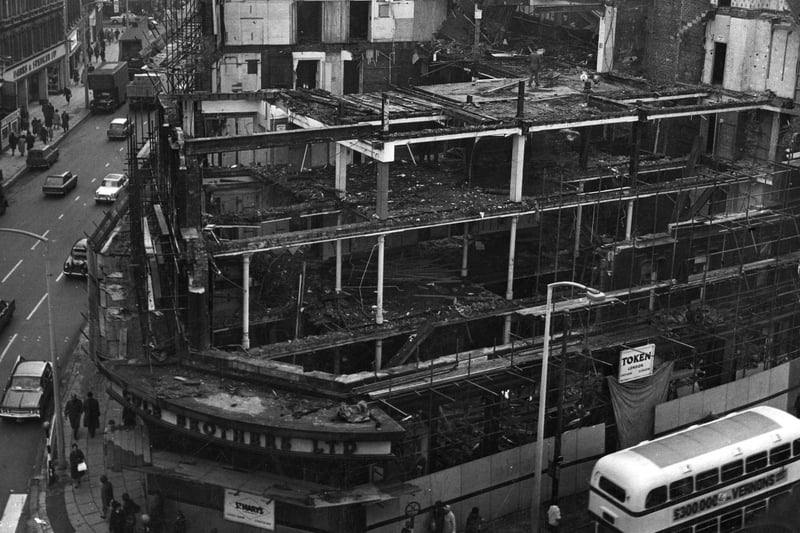 Demolition of Cole Brothers (latterly John Lewis) Department Store, junction of Fargate and Church Street, 1964. Ref no S33490