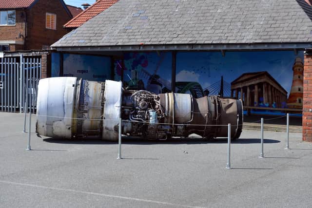 On of the two Boeing 747 engine sculptures, created by Turner Prize nominee Roger Hiorns, which now take pride of place in Fulwell Junior School's playground.