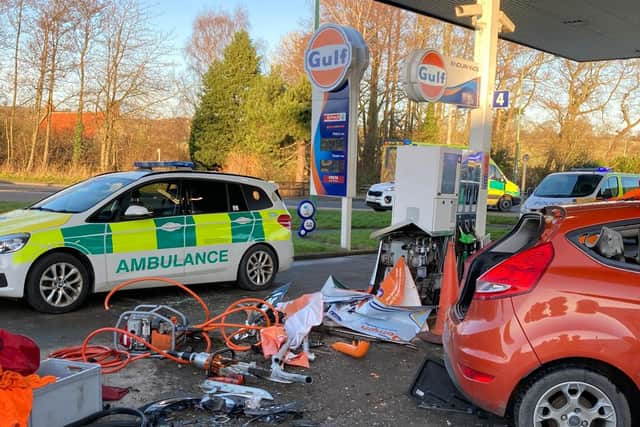 The aftermath following a collision at a petrol station near Durham.