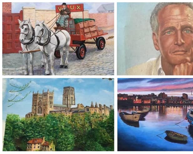 Alan Pearson paintings, clockwise from top left: Vaux Dray Horses, Hollywood great Paul Newman, Sunderland Fish Quay and Durham Cathedral.