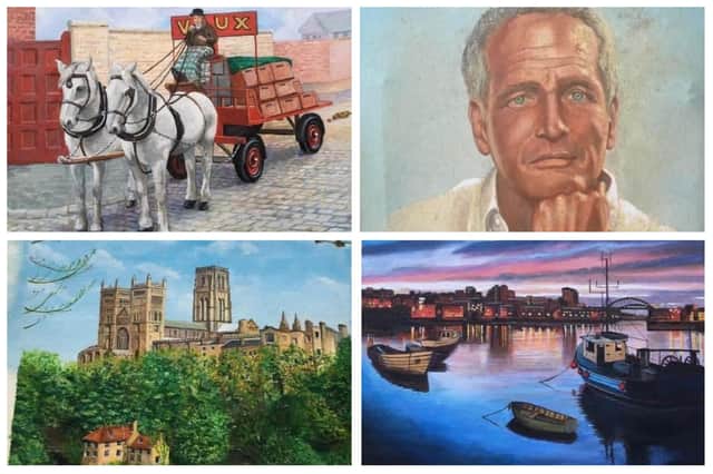 Alan Pearson paintings, clockwise from top left: Vaux Dray Horses, Hollywood great Paul Newman, Sunderland Fish Quay and Durham Cathedral.