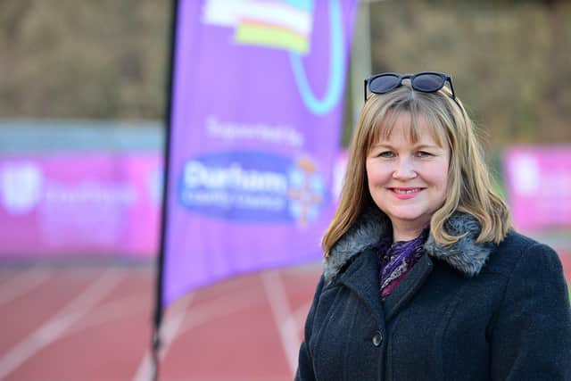 Durham County councillor and Portfolio holder for economy and partnerships Elizabeth Scott at the launch of the Durham City run festival held at Maiden Castle. Picture by FRANK REID