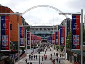 A general view of the stadium and Wembley way prior.  (Photo by James Chance/Getty Images)