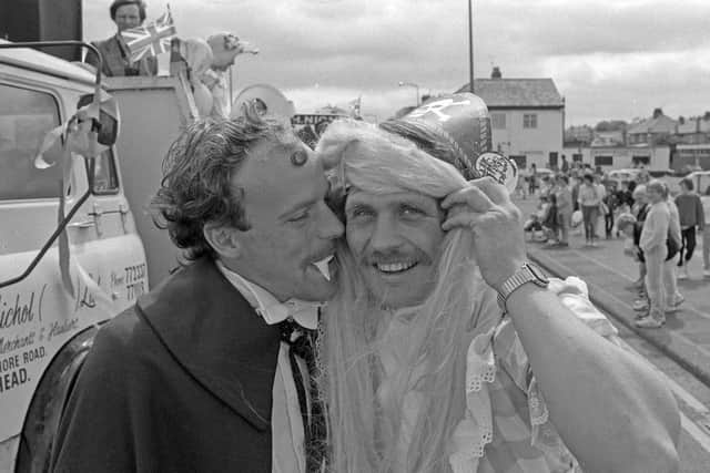 A fun depiction of Dracula at Sunderland Carnival in 1985 with Ian Castle as Dracula and Stuart Knowles as a maiden. But Dracula was scary in the eyes of Stanton Langhorn.