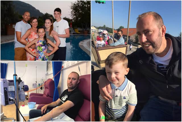 Right: Derek pictured with his grandson Kaidyn. Bottom left: Derek in hospital receiving treatment. Top left: Derek pictured with his family.