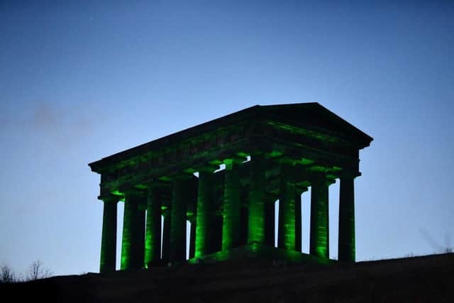 Penshaw Monument when it was lit green for an earlier occasion.