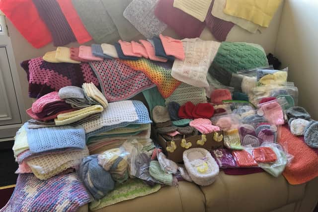 Some of the beautiful knitwear donated to the hospitals.