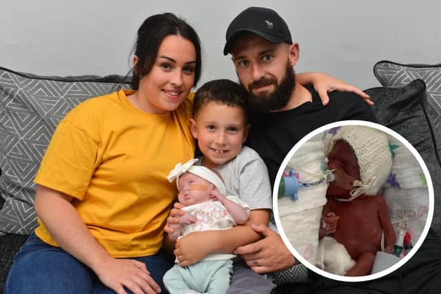 Parents Khloie Lilley and Jordan Monson with son Archie, seven, and baby Pearl. Inset: Pearl in hospital after she was born 16 weeks premature.