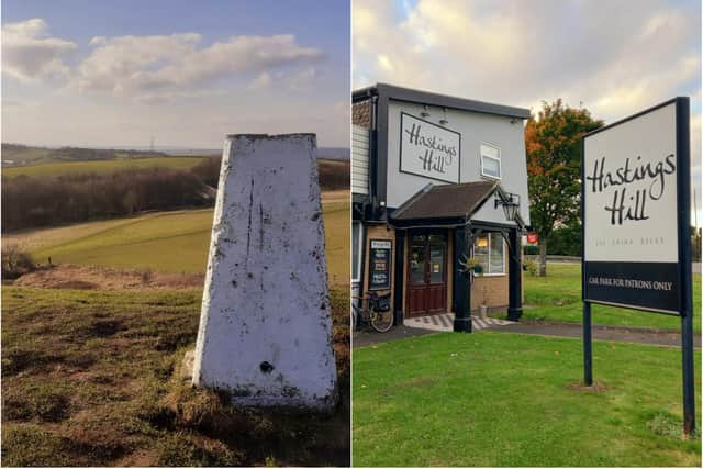 The trig point of Hasting Hill and the excellent but wrongly spelt pub nearby.