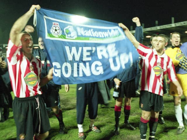 Celebrations at Gigg Lane as Kevin Ball and Chris Makin celebrate Sunderland's promotion at Bury in 1999.