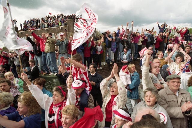 The crowds at the Prospect Hotel where fans welcomed the Sunderland team home after the 1992 FA Cup Final.