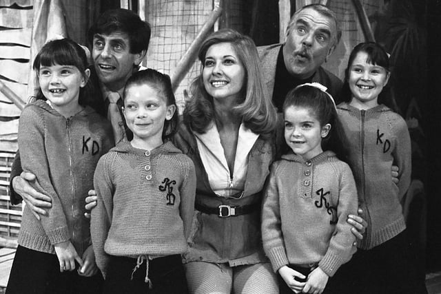 The stars for the 1982 panto at the Empire, met some of the stars of the future from Kathleen Davis Dancing School.  Left to right: are Kristy McDonald (9), Claire Bramley (8), Kim Dormand (8) and Kelly McDonald (11) and they got to meet Melvyn Hayes,Joy Launor Heyes and Windsor Davies.