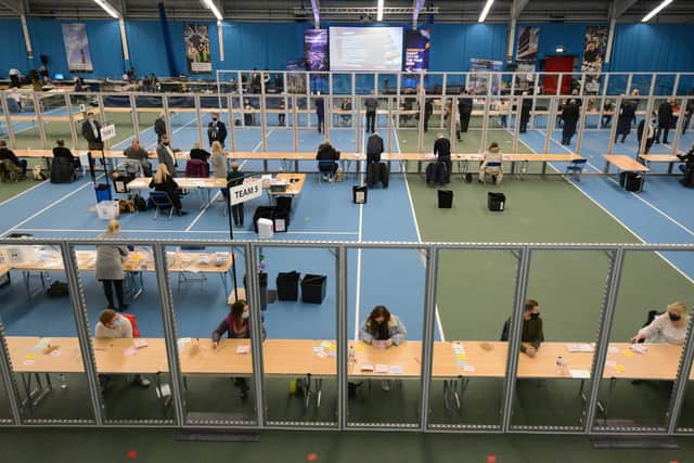 Ballot boxes from around Sunderland are counted with social distance measures in place at Silksworth in Sunderland